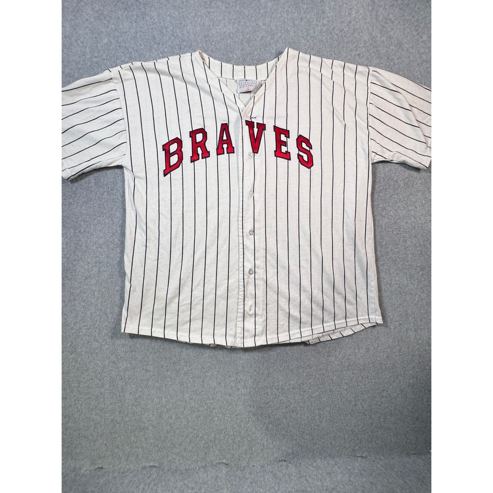 Vintage Atlanta Braves Logo 7 Pinstripe Jersey Mens XL White Cotton Made in USA